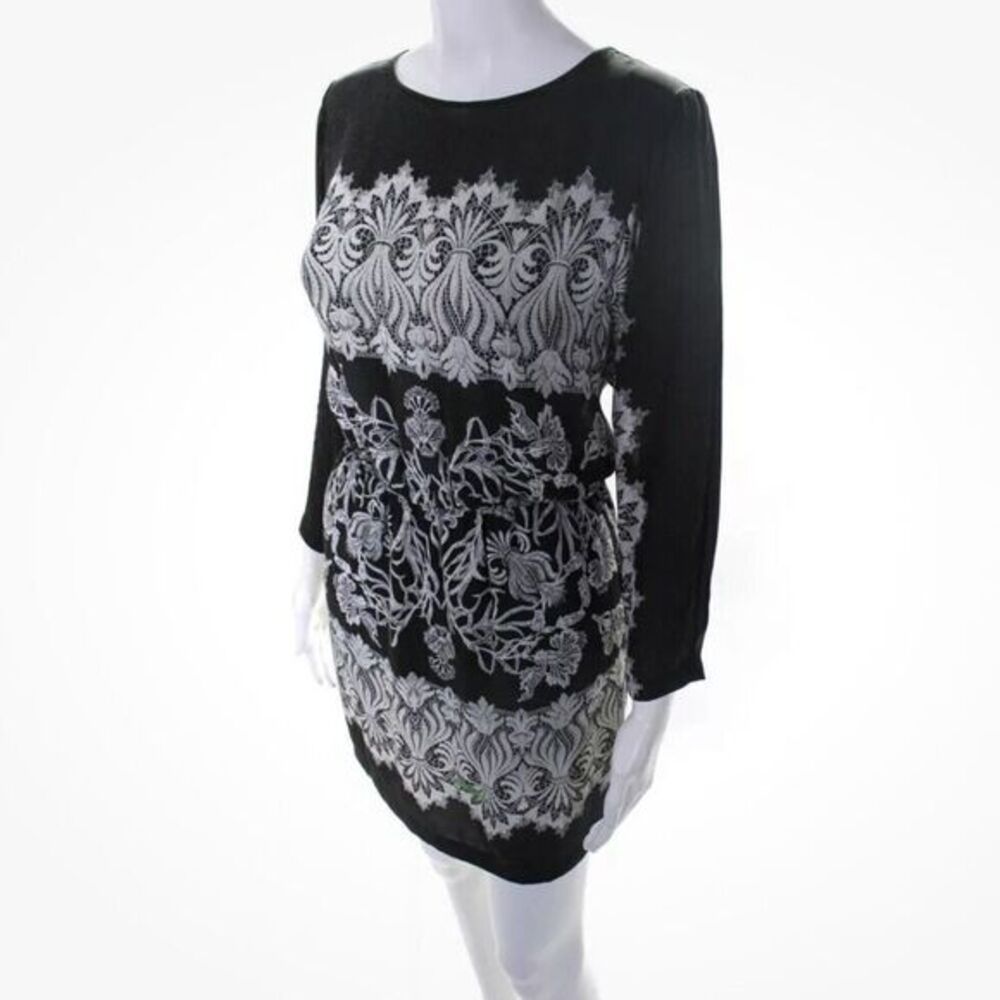 BCBGMAXAZRIA Floral Black & White Dress Size XXS Blouson Long Sleeve Chiffon